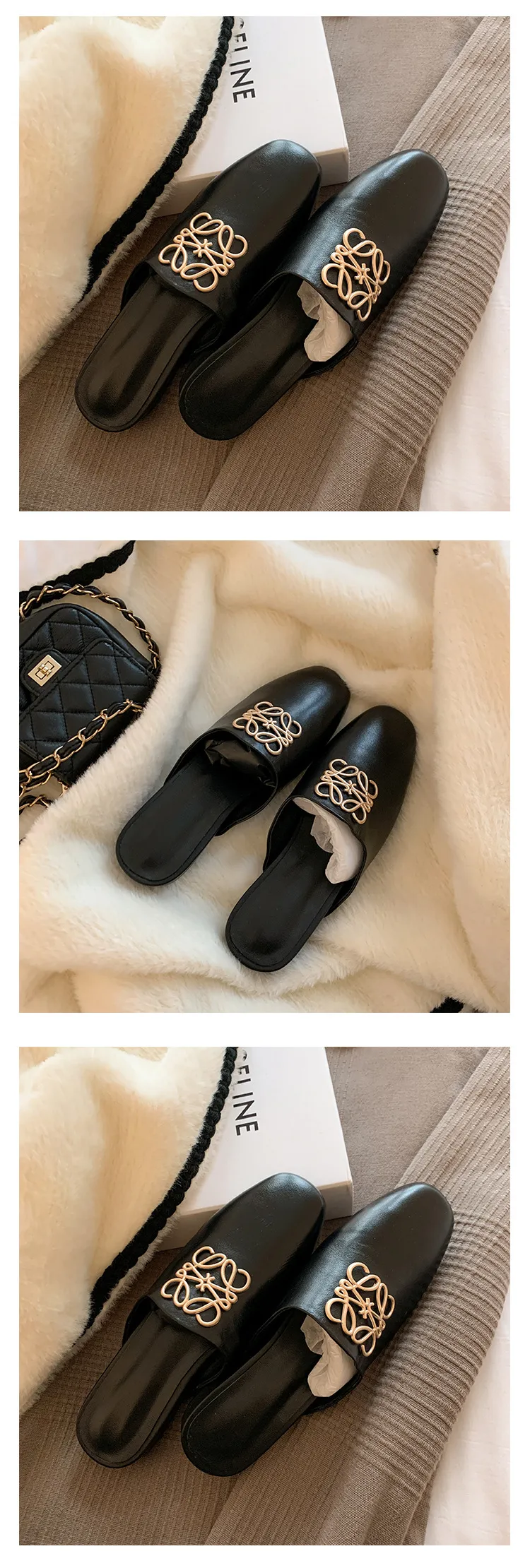 Spring/Summer Fashion Round Toe Leather Open Back Slippers Women's Shoes with Full Leather Lining and Outer Fit and Decorative Buckles