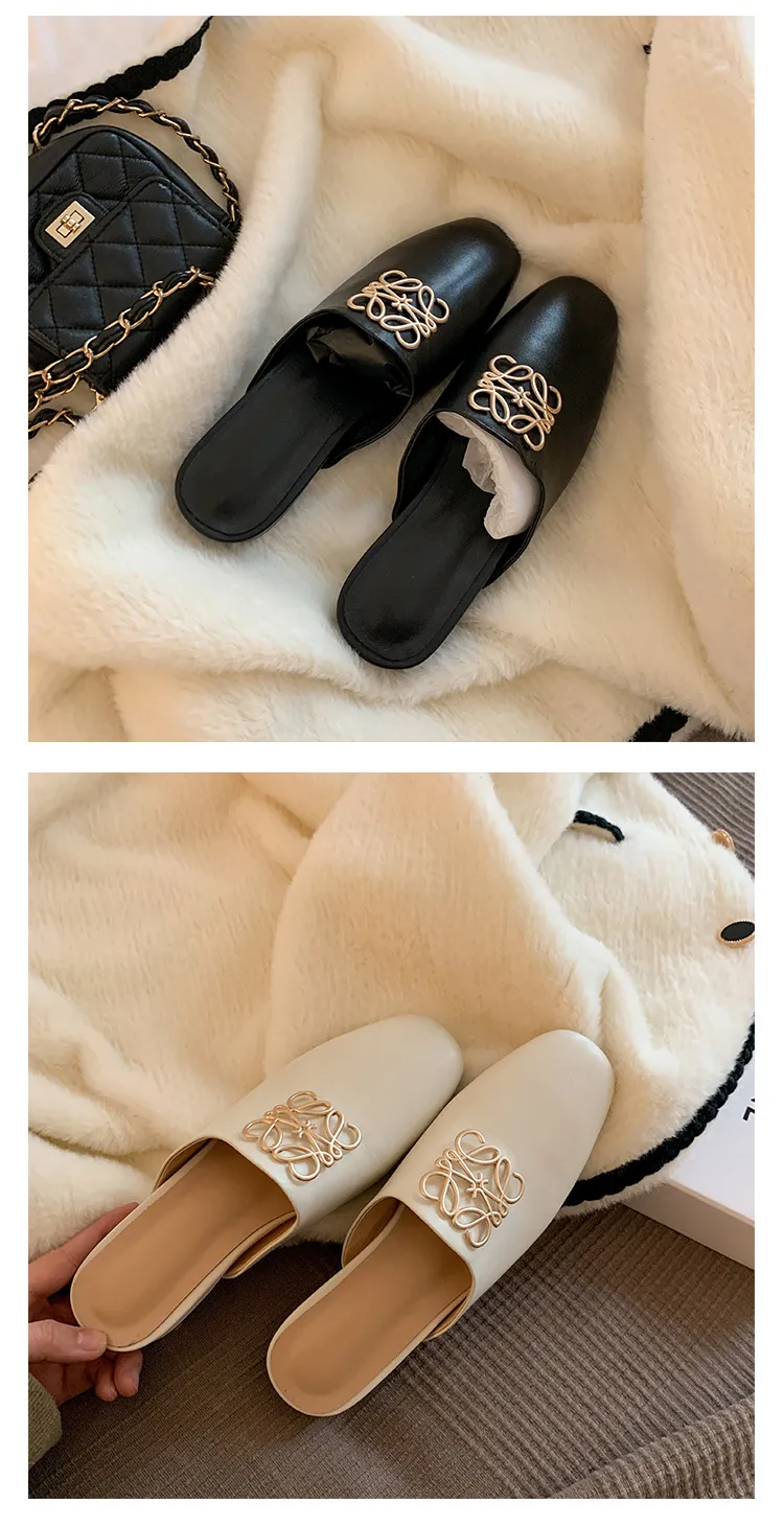 Spring/Summer Fashion Round Toe Leather Open Back Slippers Women's Shoes with Full Leather Lining and Outer Fit and Decorative Buckles