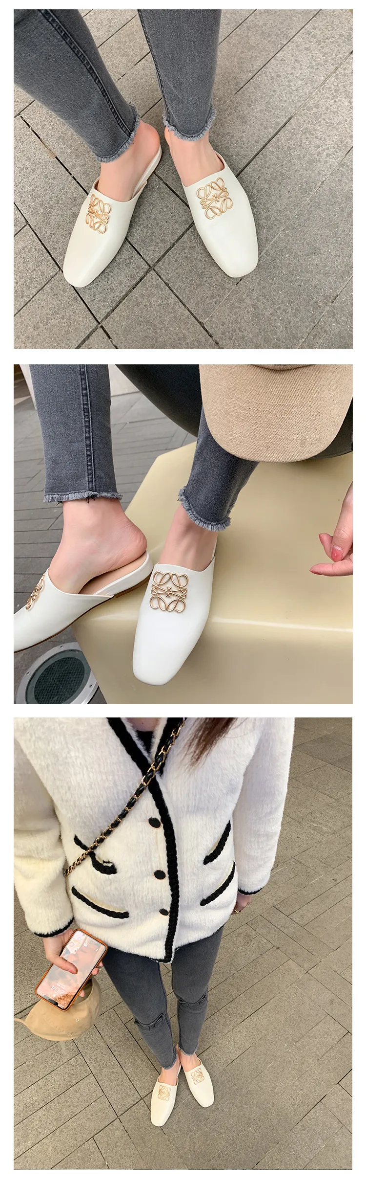 Spring/Summer Fashion Round Toe Leather Open Back Slippers Women's Shoes with Full Leather Lining and Outer Fit and Decorative Buckles