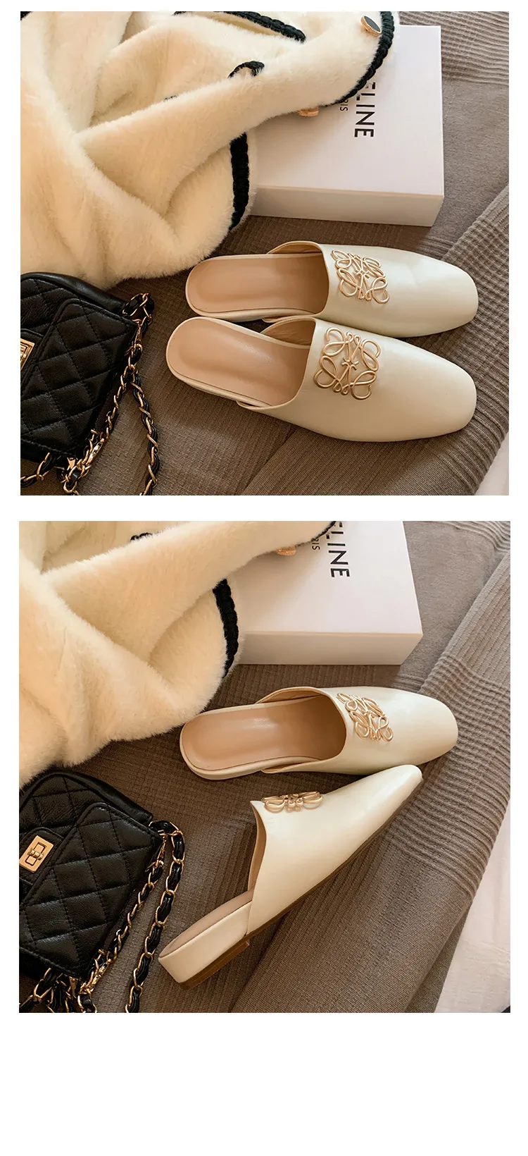 Spring/Summer Fashion Round Toe Leather Open Back Slippers Women's Shoes with Full Leather Lining and Outer Fit and Decorative Buckles