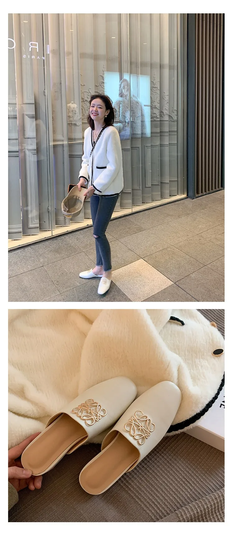 Spring/Summer Fashion Round Toe Leather Open Back Slippers Women's Shoes with Full Leather Lining and Outer Fit and Decorative Buckles