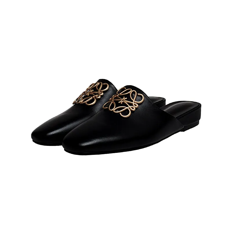 Spring/Summer Fashion Round Toe Leather Open Back Slippers Women's Shoes with Full Leather Lining and Outer Fit and Decorative Buckles