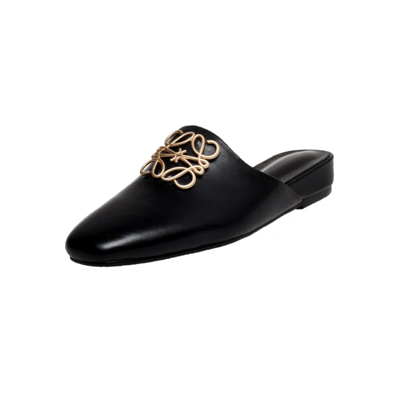 Spring/Summer Fashion Round Toe Leather Open Back Slippers Women's Shoes with Full Leather Lining and Outer Fit and Decorative Buckles