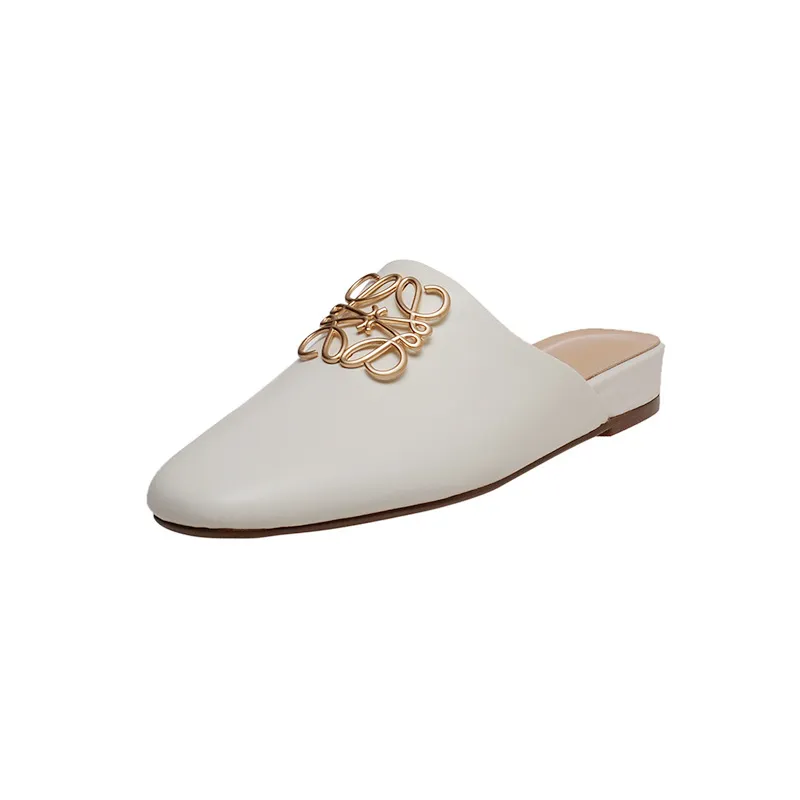 Spring/Summer Fashion Round Toe Leather Open Back Slippers Women's Shoes with Full Leather Lining and Outer Fit and Decorative Buckles