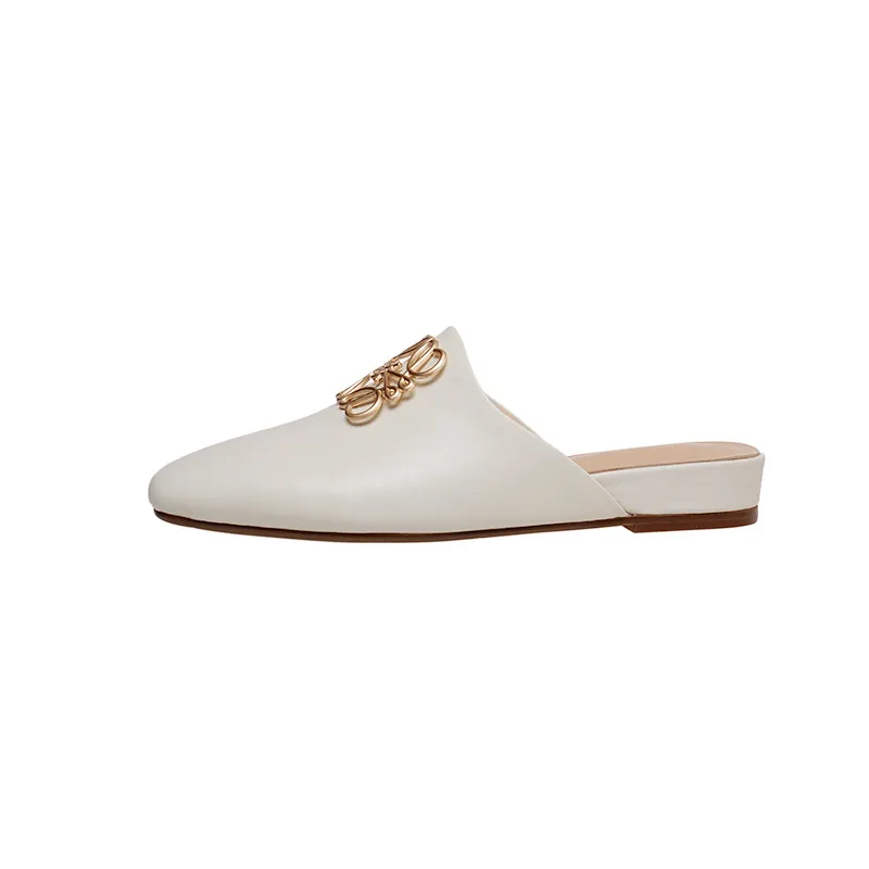 Spring/Summer Fashion Round Toe Leather Open Back Slippers Women's Shoes with Full Leather Lining and Outer Fit and Decorative Buckles