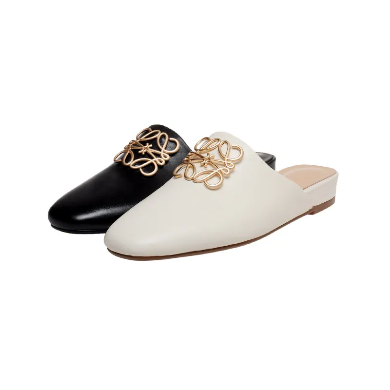 Spring/Summer Fashion Round Toe Leather Open Back Slippers Women's Shoes with Full Leather Lining and Outer Fit and Decorative Buckles