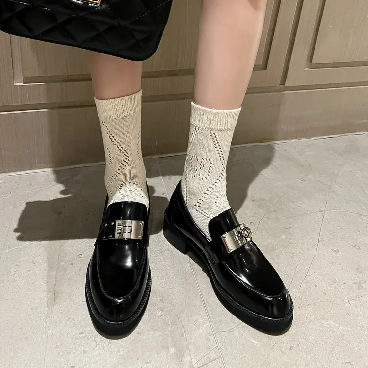 Autumn/Winter Round Toe Chunky Heel Mid-Heel Slip-on Leather Flats, Black, 11-28c
