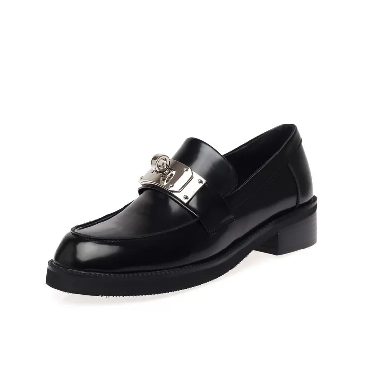 Autumn/Winter Round Toe Chunky Heel Mid-Heel Slip-on Leather Flats, Black, 11-28c