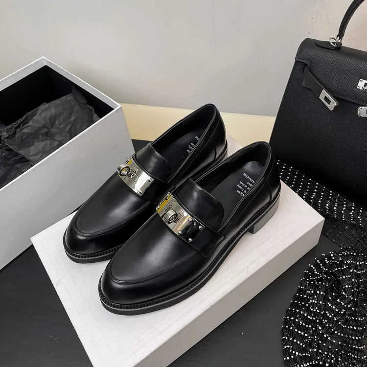 Autumn/Winter Round Toe Chunky Heel Mid-Heel Slip-on Leather Flats, Black, 11-28c