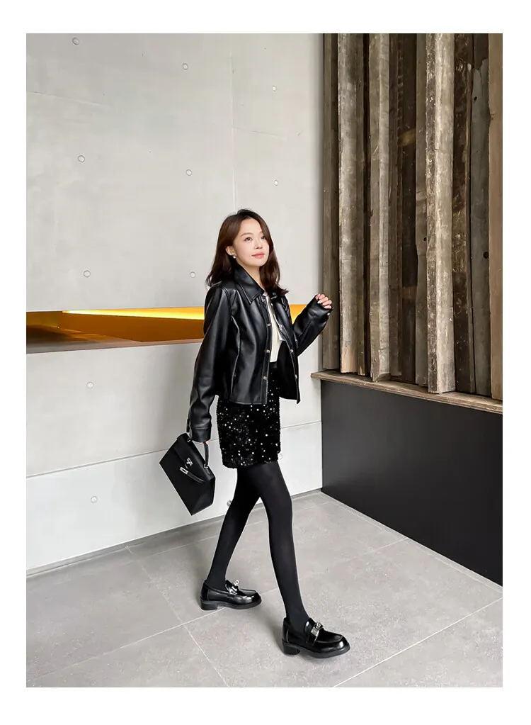 Autumn/Winter Round Toe Chunky Heel Mid-Heel Slip-on Leather Flats, Black, 11-28c