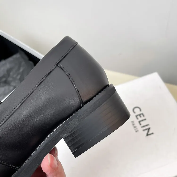 Autumn/Winter Round Toe Chunky Heel Mid-Heel Slip-on Leather Flats, Black, 11-28c