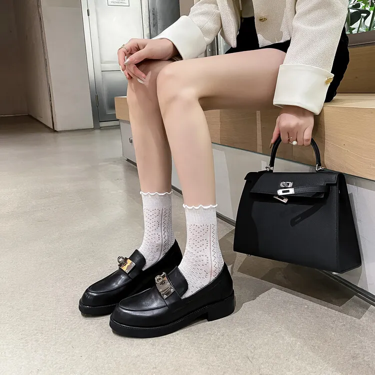 Autumn/Winter Round Toe Chunky Heel Mid-Heel Slip-on Leather Flats, Black, 11-28c