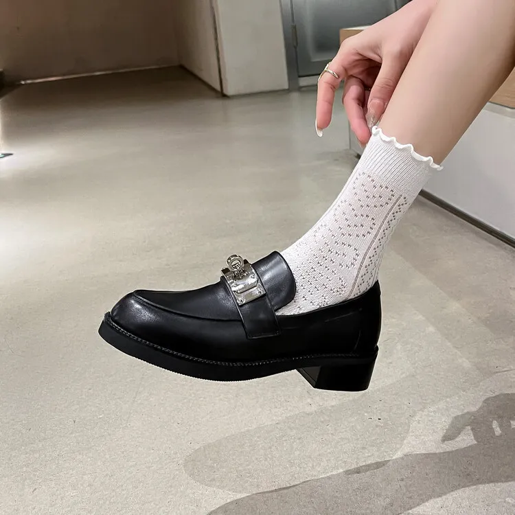 Autumn/Winter Round Toe Chunky Heel Mid-Heel Slip-on Leather Flats, Black, 11-28c