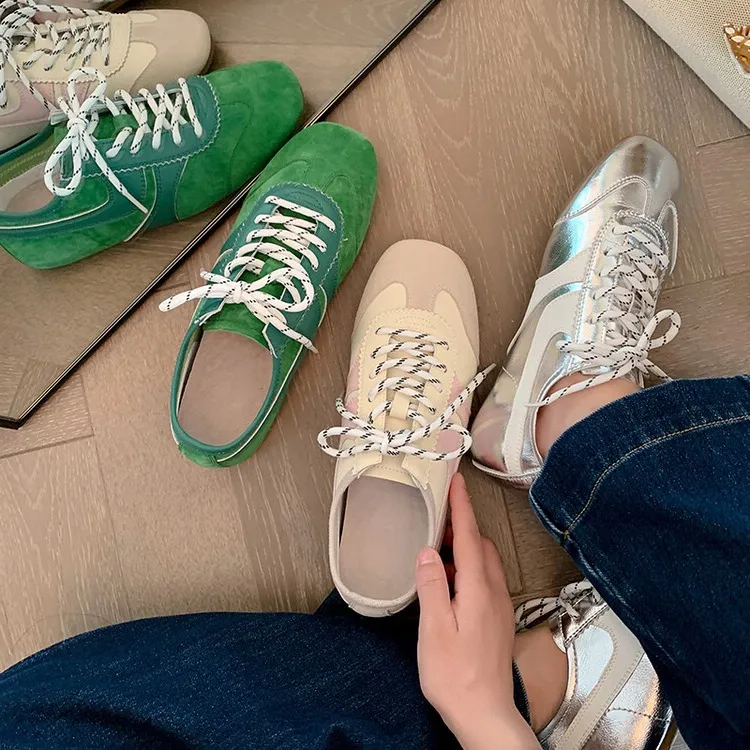 Agan shoes, women's popular retro green lace-up German training shoes, comfortable suede flat sneakers.