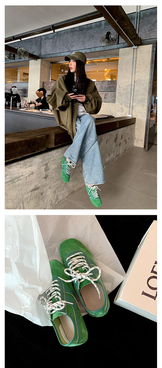 Agan shoes, women's popular retro green lace-up German training shoes, comfortable suede flat sneakers.