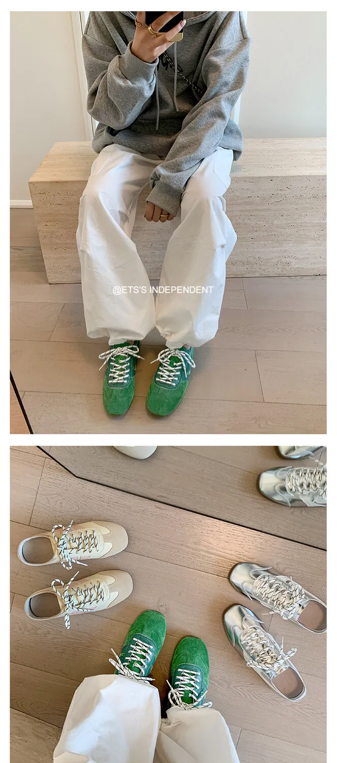 Agan shoes, women's popular retro green lace-up German training shoes, comfortable suede flat sneakers.