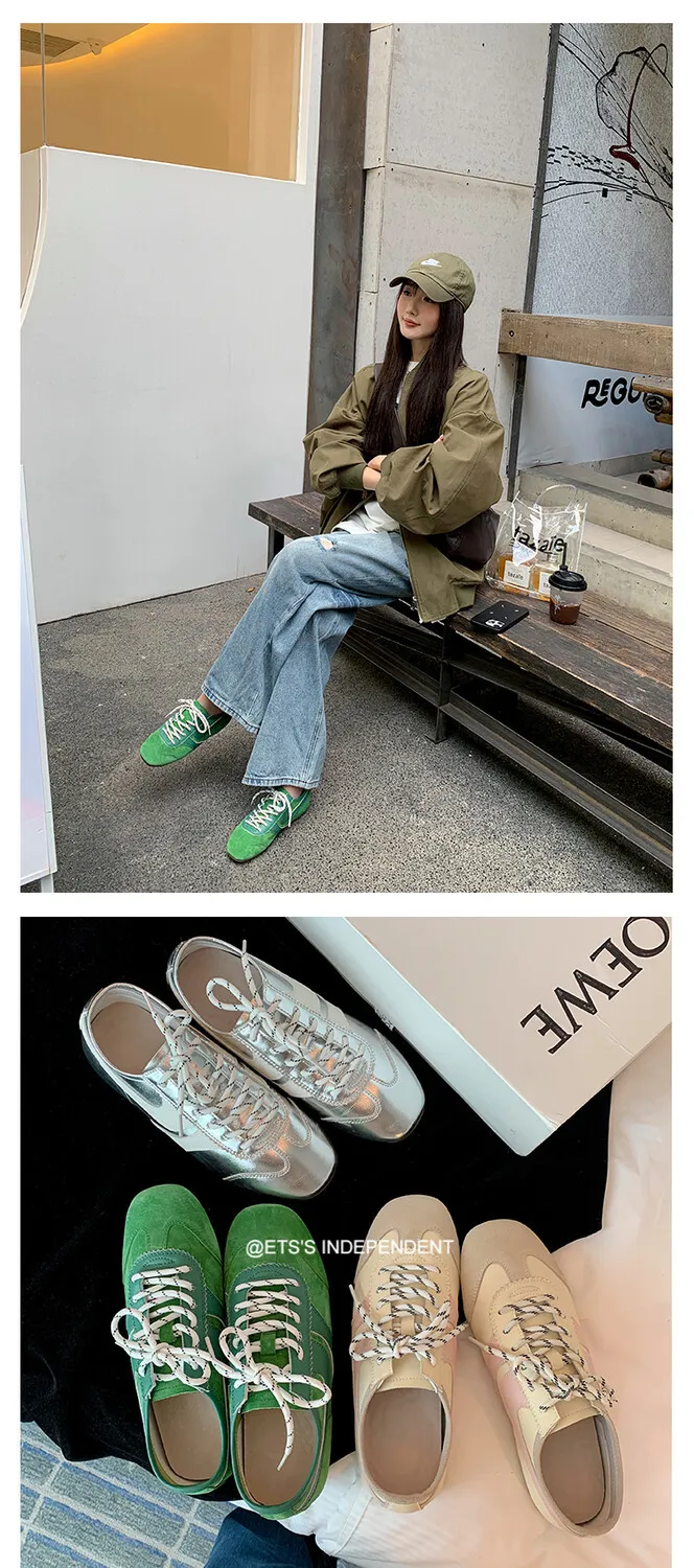 Agan shoes, women's popular retro green lace-up German training shoes, comfortable suede flat sneakers.