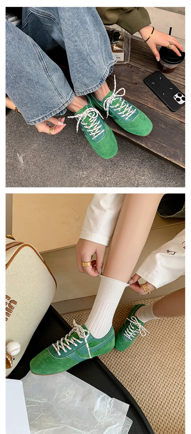 Agan shoes, women's popular retro green lace-up German training shoes, comfortable suede flat sneakers.