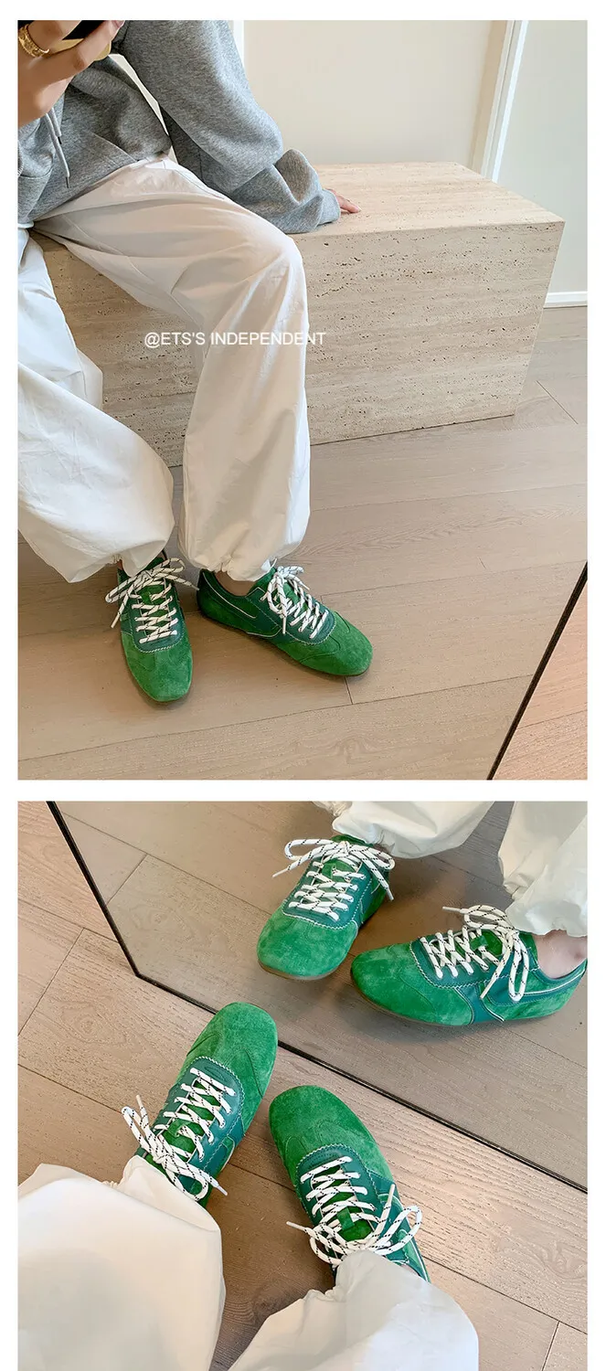 Agan shoes, women's popular retro green lace-up German training shoes, comfortable suede flat sneakers.