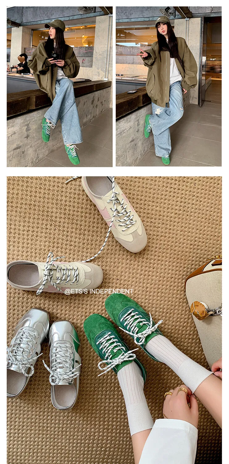 Agan shoes, women's popular retro green lace-up German training shoes, comfortable suede flat sneakers.