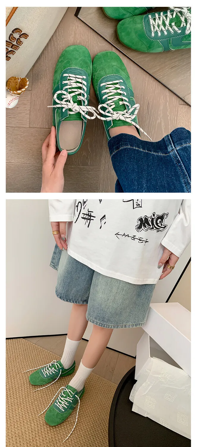 Agan shoes, women's popular retro green lace-up German training shoes, comfortable suede flat sneakers.
