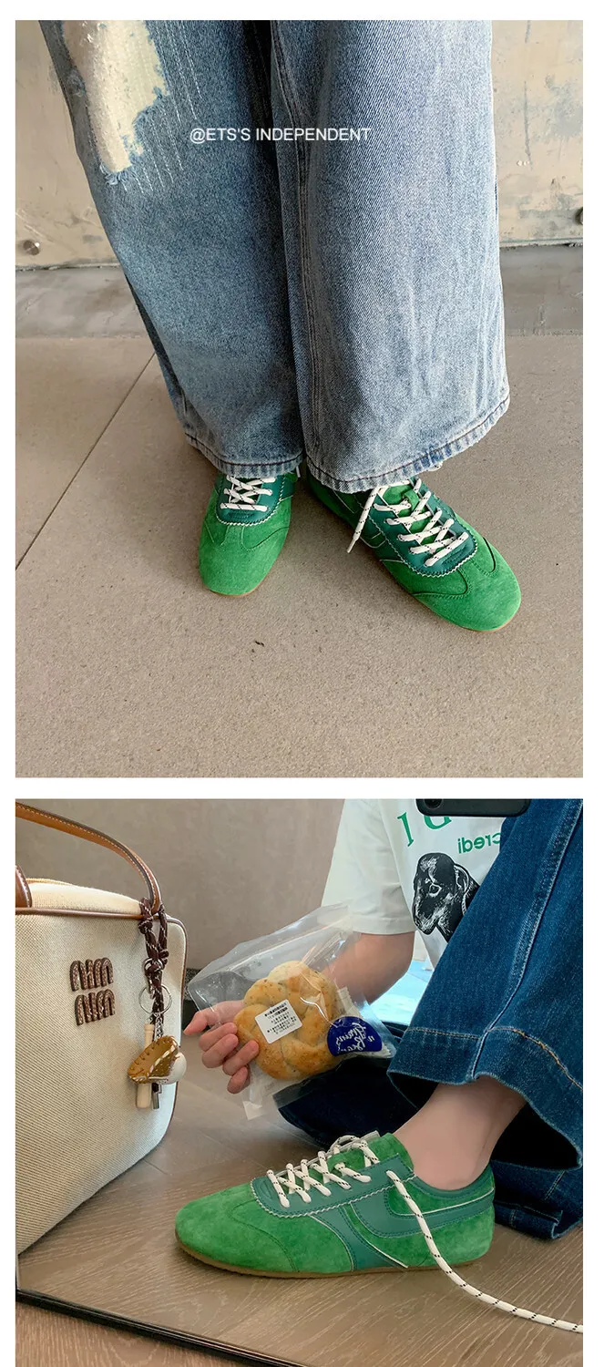 Agan shoes, women's popular retro green lace-up German training shoes, comfortable suede flat sneakers.