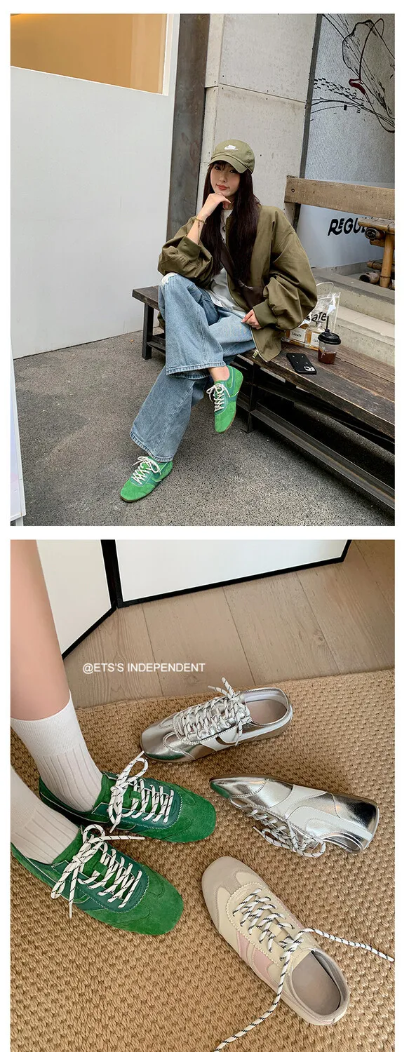 Agan shoes, women's popular retro green lace-up German training shoes, comfortable suede flat sneakers.