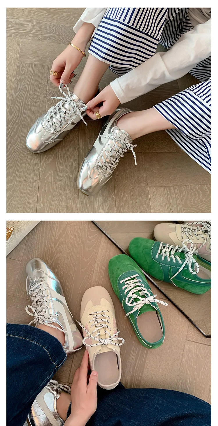 Agan shoes, women's popular retro green lace-up German training shoes, comfortable suede flat sneakers.