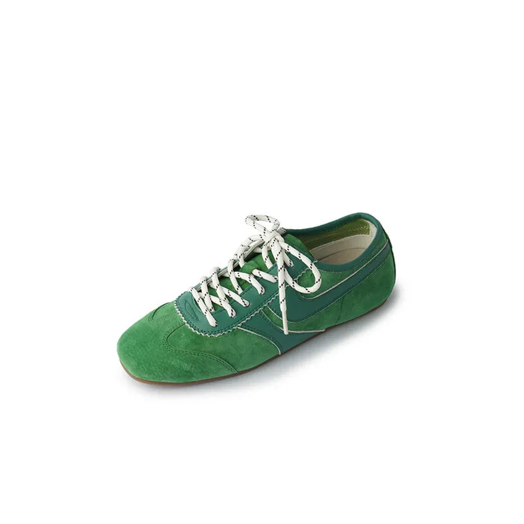 Agan shoes, women's popular retro green lace-up German training shoes, comfortable suede flat sneakers.
