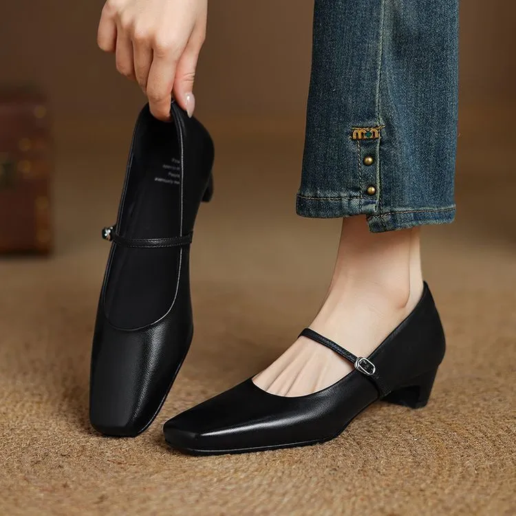 Spring square-toe chunky heel high-heeled low-cut single shoes with buckle, sheepskin fashion women's shoes 12-16b
