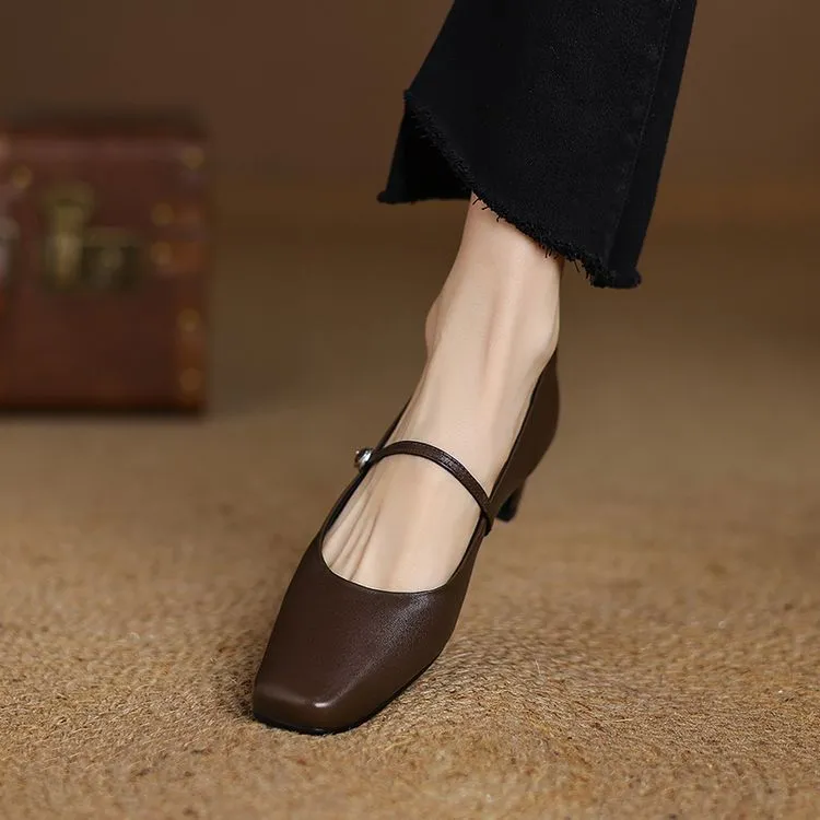 Spring square-toe chunky heel high-heeled low-cut single shoes with buckle, sheepskin fashion women's shoes 12-16b