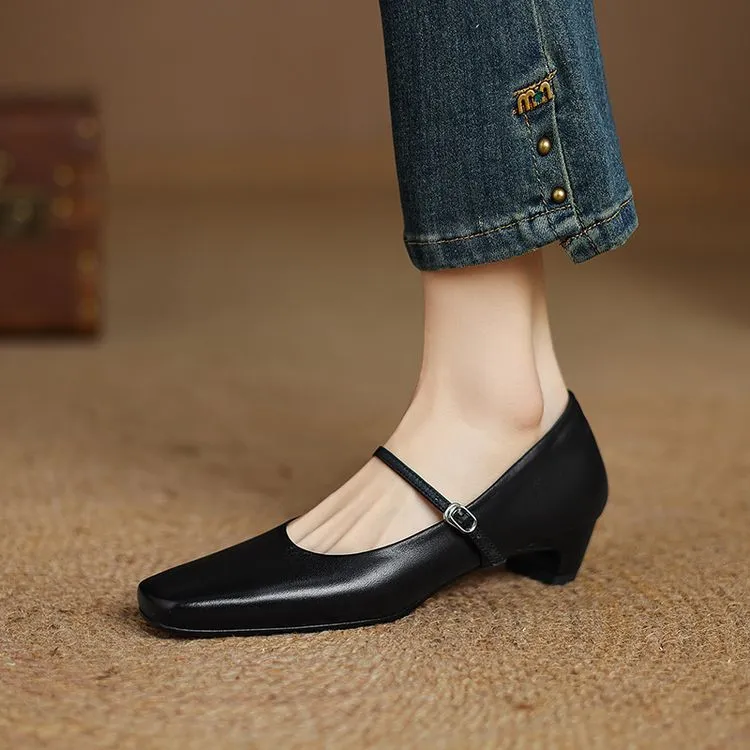 Spring square-toe chunky heel high-heeled low-cut single shoes with buckle, sheepskin fashion women's shoes 12-16b