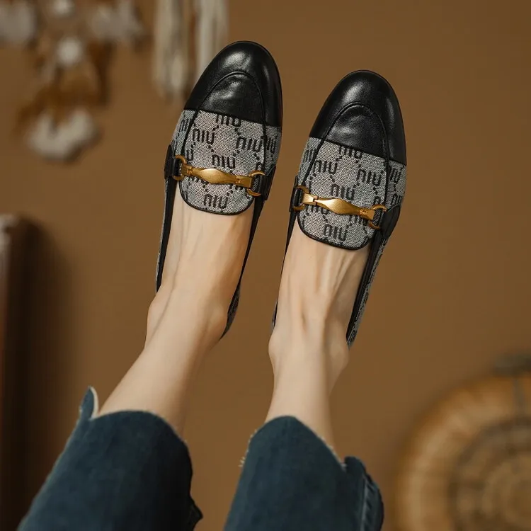 Denim patchwork loafers, deep-cut slip-on shoes, chunky heel, low heel, comfortable and simple fashion women's shoes