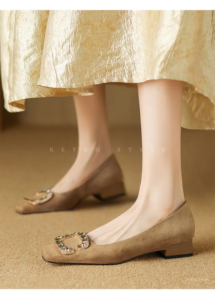 Spring Chunky Heel Mid-Heel Square Toe Low-Cut Slip-on Women's Shoes with Rhinestone Square Buckle 12-20c