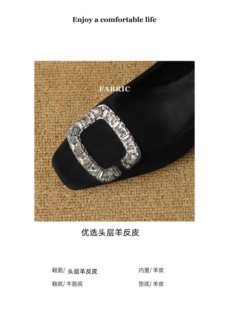 Spring Chunky Heel Mid-Heel Square Toe Low-Cut Slip-on Women's Shoes with Rhinestone Square Buckle 12-20c