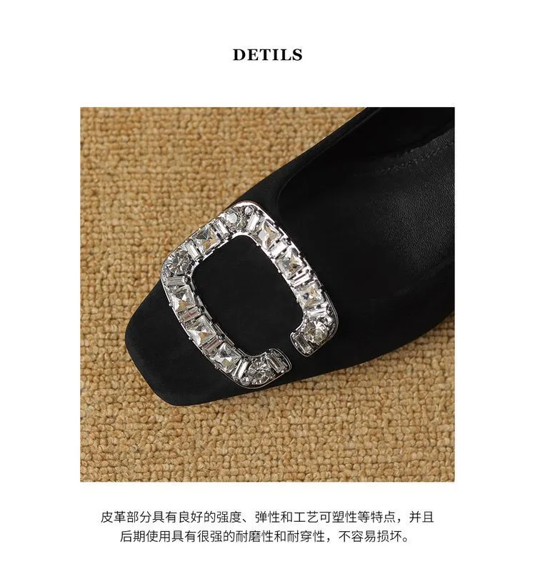 Spring Chunky Heel Mid-Heel Square Toe Low-Cut Slip-on Women's Shoes with Rhinestone Square Buckle 12-20c