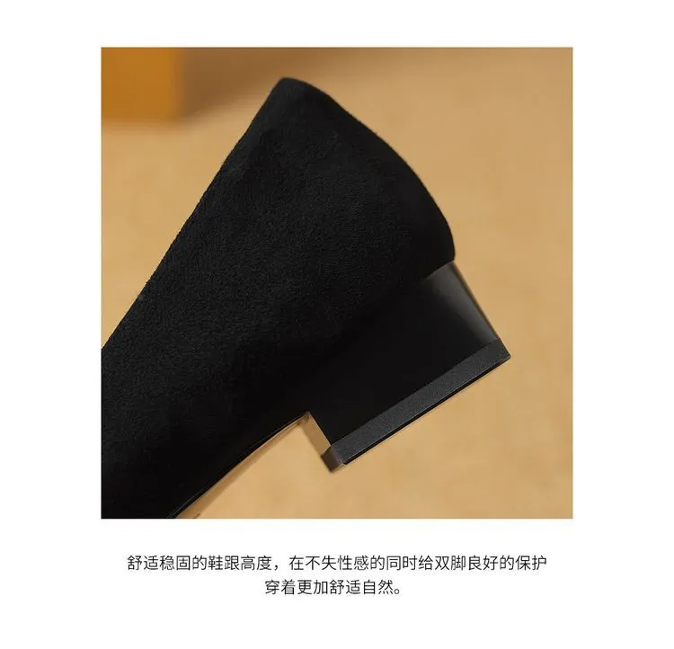 Spring Chunky Heel Mid-Heel Square Toe Low-Cut Slip-on Women's Shoes with Rhinestone Square Buckle 12-20c