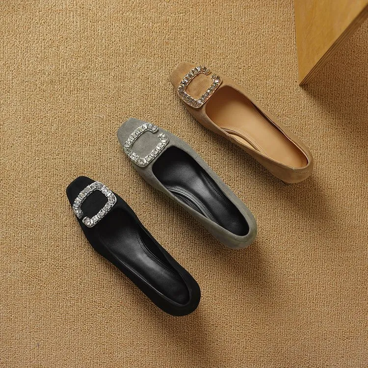 Spring Chunky Heel Mid-Heel Square Toe Low-Cut Slip-on Women's Shoes with Rhinestone Square Buckle 12-20c
