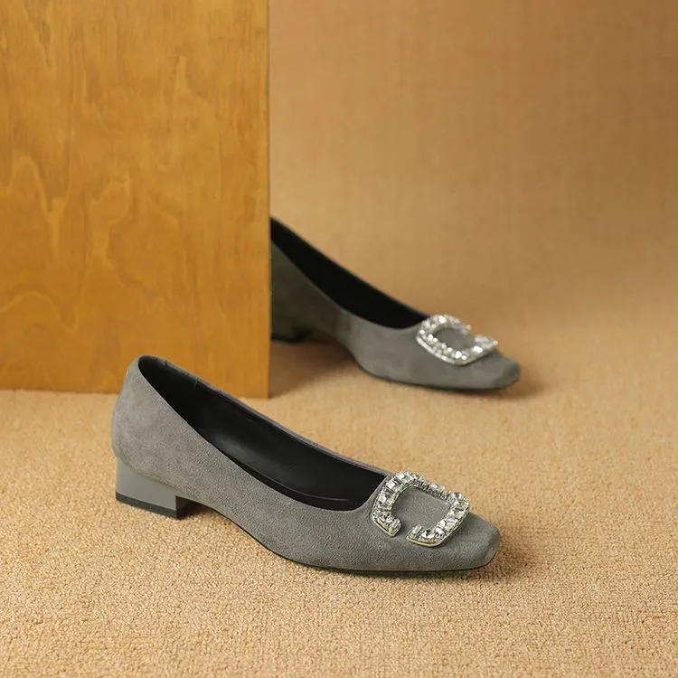 Spring Chunky Heel Mid-Heel Square Toe Low-Cut Slip-on Women's Shoes with Rhinestone Square Buckle 12-20c