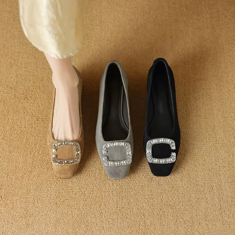 Spring Chunky Heel Mid-Heel Square Toe Low-Cut Slip-on Women's Shoes with Rhinestone Square Buckle 12-20c
