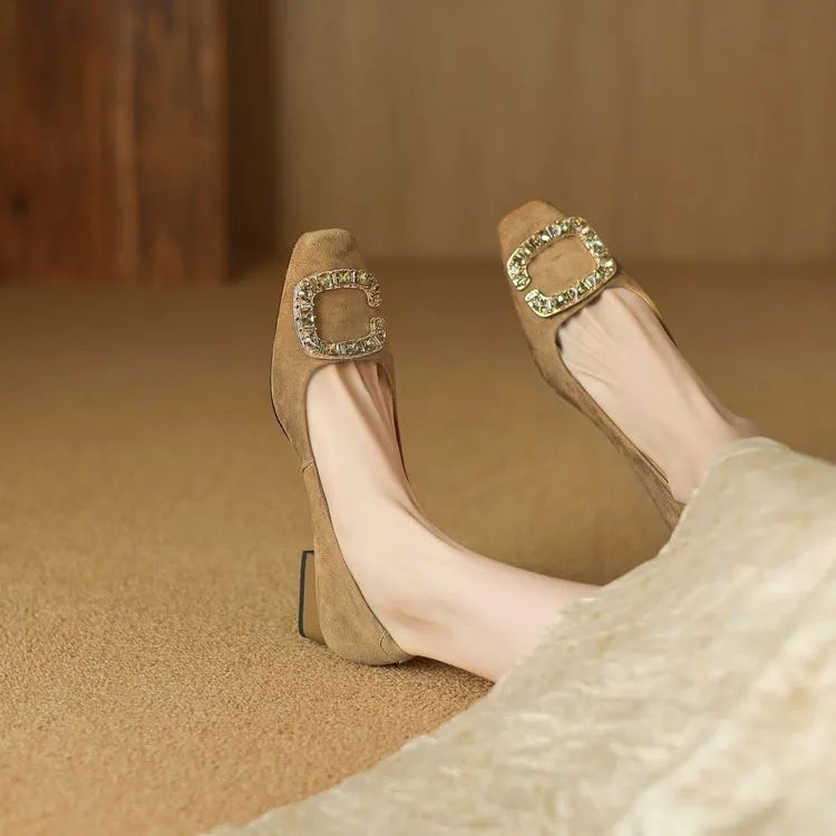 Spring Chunky Heel Mid-Heel Square Toe Low-Cut Slip-on Women's Shoes with Rhinestone Square Buckle 12-20c