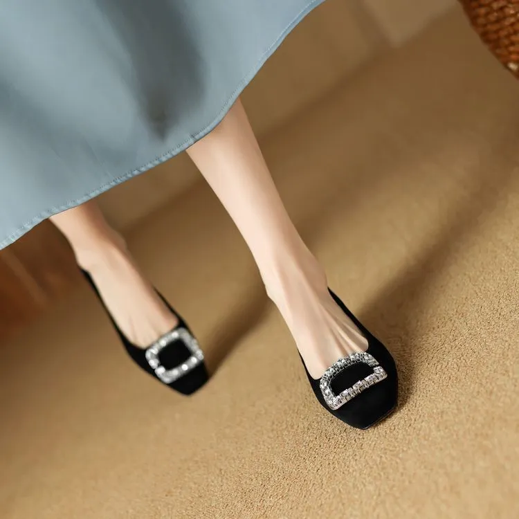 Spring Chunky Heel Mid-Heel Square Toe Low-Cut Slip-on Women's Shoes with Rhinestone Square Buckle 12-20c