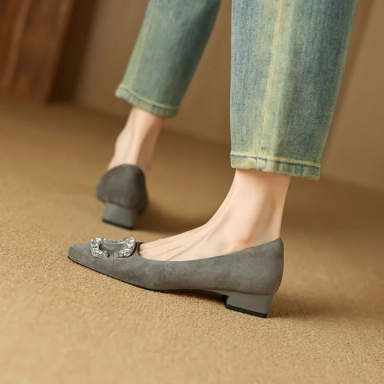 Spring Chunky Heel Mid-Heel Square Toe Low-Cut Slip-on Women's Shoes with Rhinestone Square Buckle 12-20c