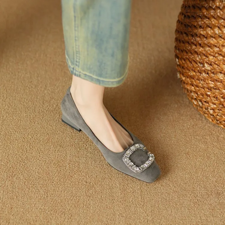 Spring Chunky Heel Mid-Heel Square Toe Low-Cut Slip-on Women's Shoes with Rhinestone Square Buckle 12-20c