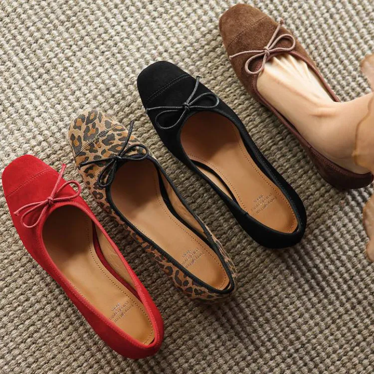 Women's Spring and Autumn Leopard Print Square Toe Low-Heeled Flats with Chunky Heel and Bow, Sheepskin Shoes 1-3a