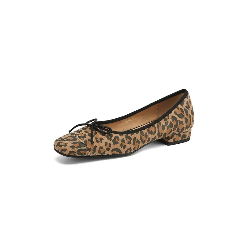 Women's Spring and Autumn Leopard Print Square Toe Low-Heeled Flats with Chunky Heel and Bow, Sheepskin Shoes 1-3a