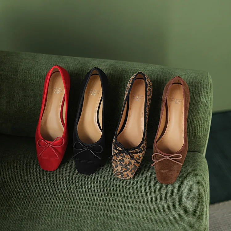 Women's Spring and Autumn Leopard Print Square Toe Low-Heeled Flats with Chunky Heel and Bow, Sheepskin Shoes 1-3a