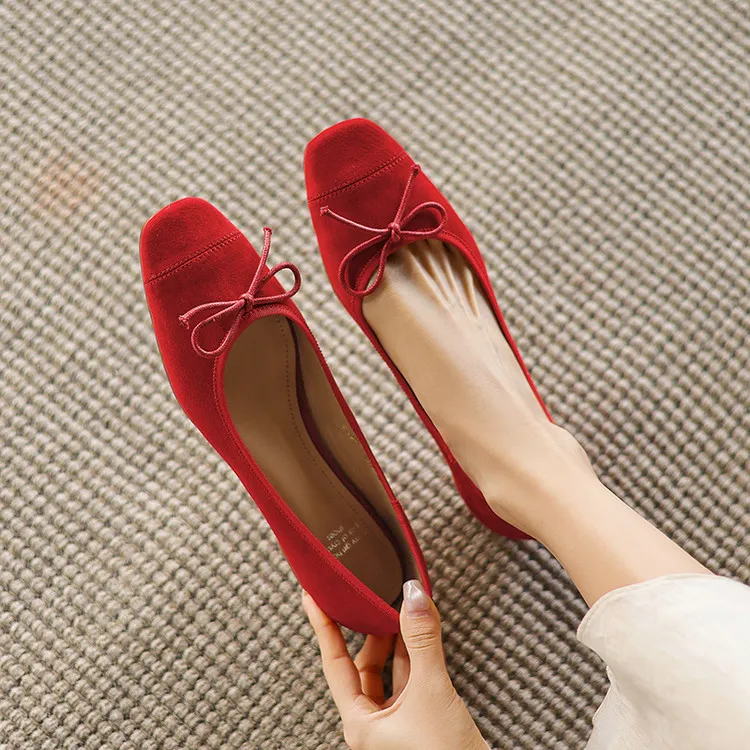 Women's Spring and Autumn Leopard Print Square Toe Low-Heeled Flats with Chunky Heel and Bow, Sheepskin Shoes 1-3a