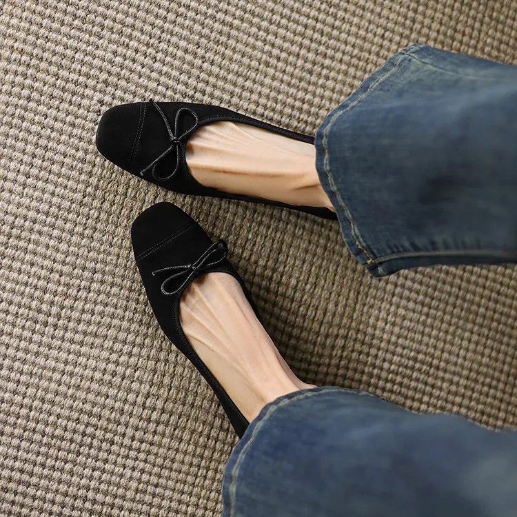 Women's Spring and Autumn Leopard Print Square Toe Low-Heeled Flats with Chunky Heel and Bow, Sheepskin Shoes 1-3a