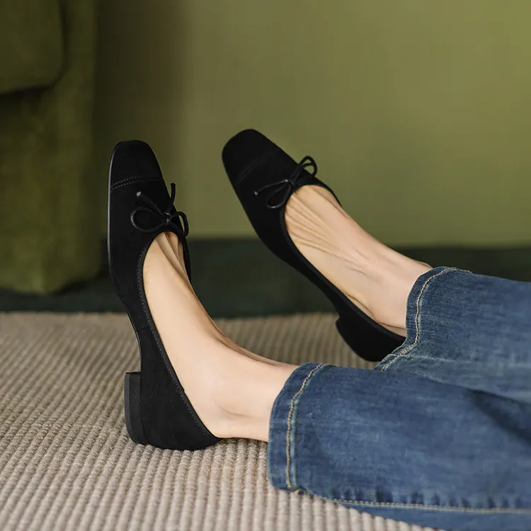 Women's Spring and Autumn Leopard Print Square Toe Low-Heeled Flats with Chunky Heel and Bow, Sheepskin Shoes 1-3a